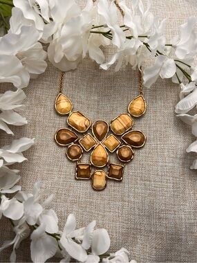 VINTAGE Gold Statement Bohemian Bib Necklace with Marble Stones